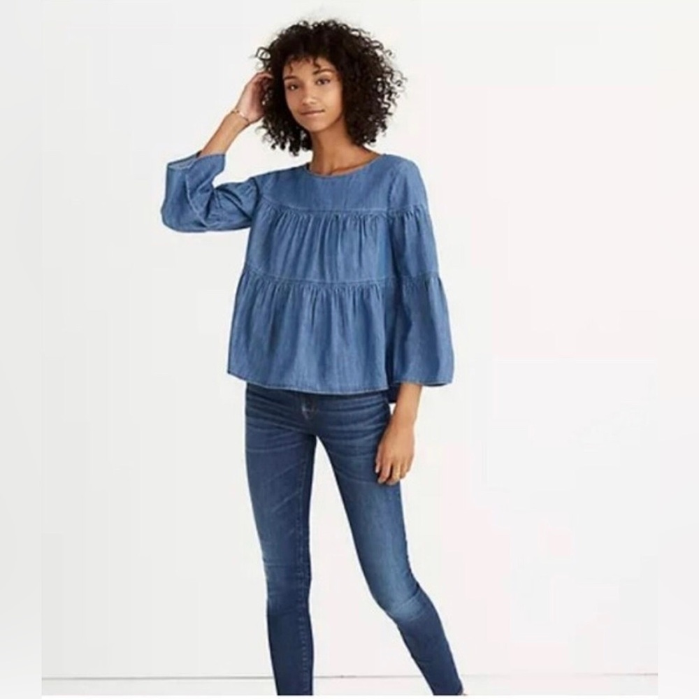 Madewell Denim Blue Tiered Top, size medium